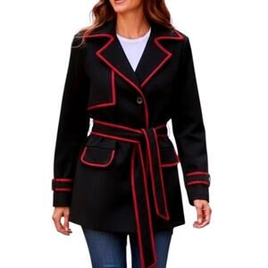 PERRY ELLIS Rare Womens 14 Black w/Red Trim Military-Style MidLength Trench Coat